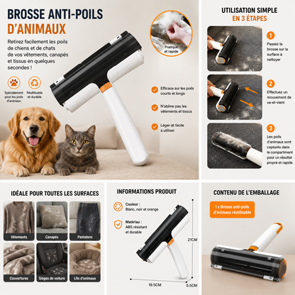- Brosse anti-poils multifonctionnel portable et lavable pour animaux.
